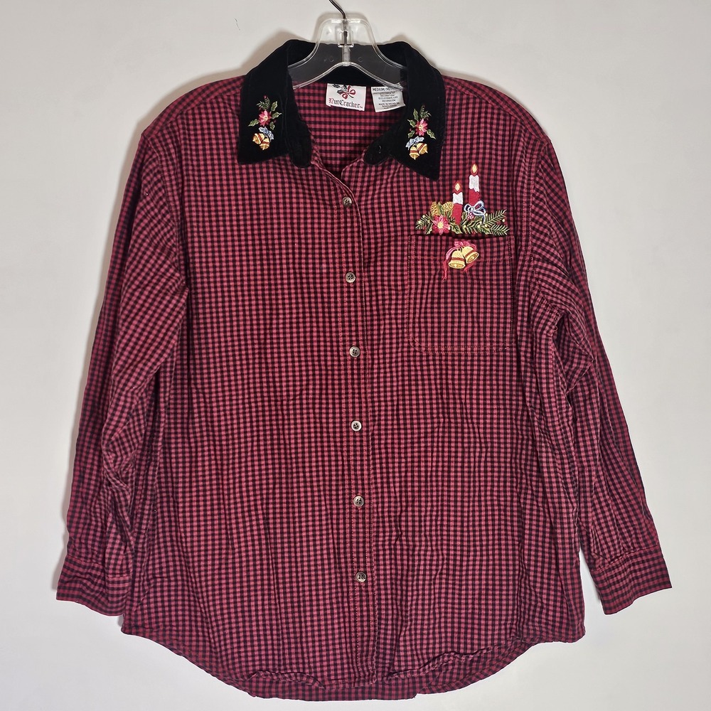Nutcracker Top Womens Medium Red Gingham Velvet Collar Christmas Full House‎ 90s